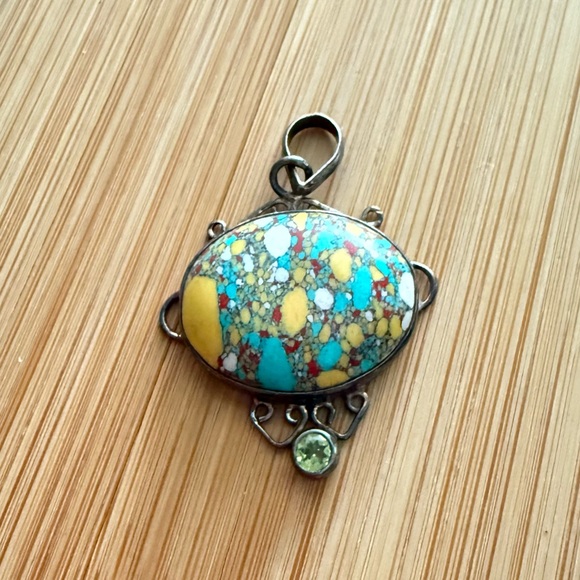 Vintage Silver Multicolored Speckled Sone Necklace Pendant - Picture 2 of 9